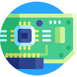 Printed circuit board icon with a circuit board vector illustration over a blue circle