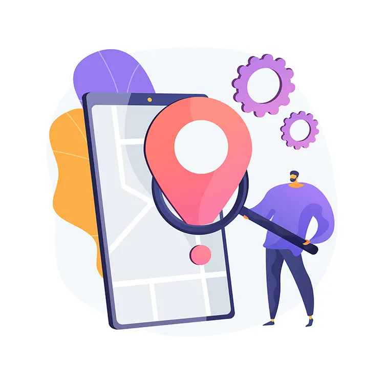 Illustration showing asset tracking and security using GPS and IoT, with a mobile map interface, location pin, and connected system icons for monitoring assets in real time.