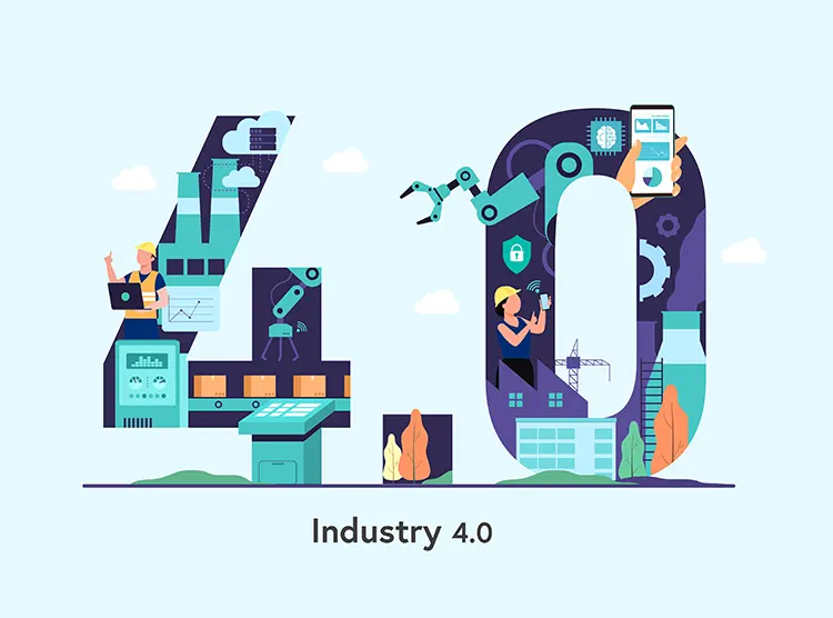 Industry 4.0 integration illustration showing connected industrial machines, robotics, cloud systems, and real-time data analytics for smart manufacturing and automation.