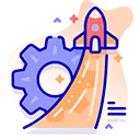 Illustration of a rocket launching alongside a gear icon, representing aerospace engineering and technological advancement.