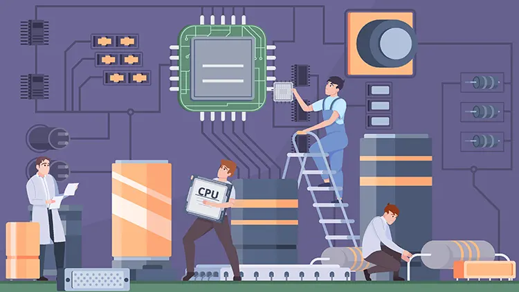 Engineers assembling and testing electronic components on a large circuit board, illustrating PCB prototyping and validation processes.