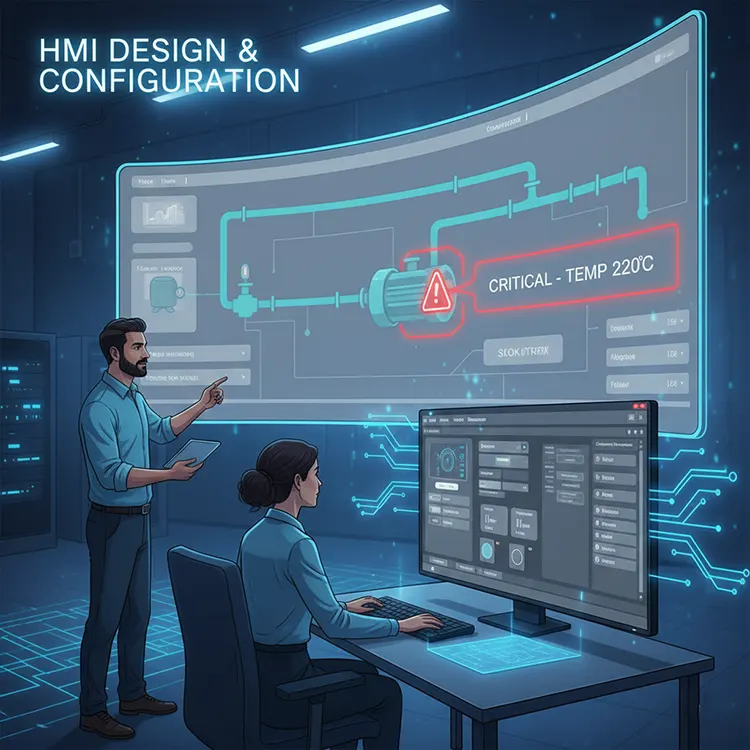 A digital illustration showing a technician designing a Human-Machine Interface (HMI) on dual monitors. The screens display process graphics and code, with the background illustrating connectivity to industrial equipment like robotic arms, motors, and tanks, symbolizing control and configuration.