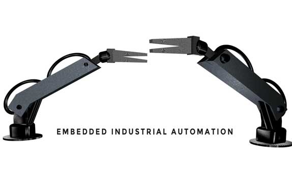 Two robot arms facing opposite to each other representing industrial automation